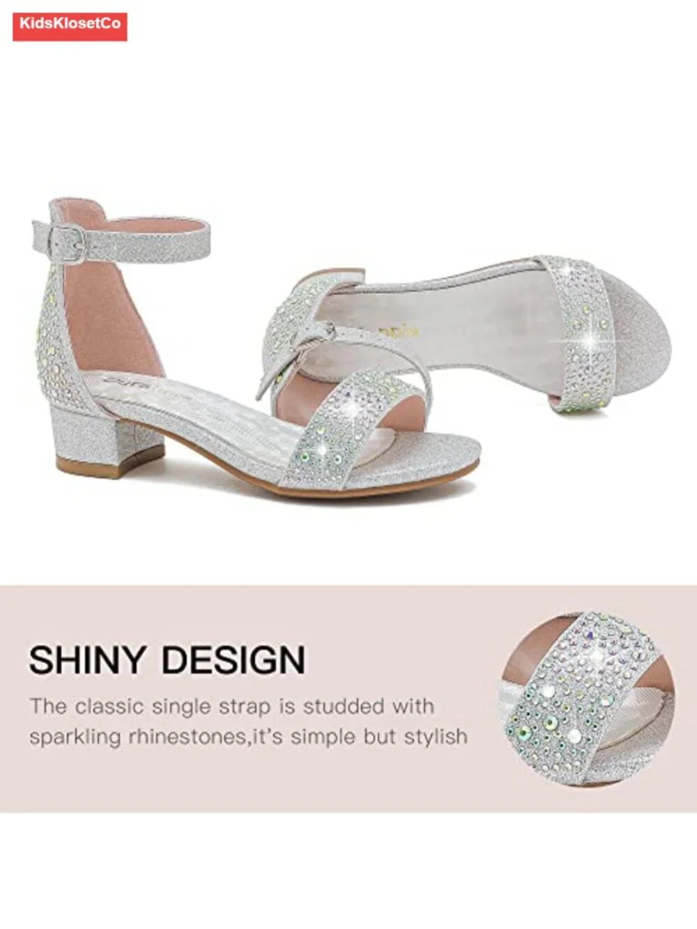 Girls Rhinestone Dress Sandals Low Block Heel Ankle Strap Flower Girl Wedding